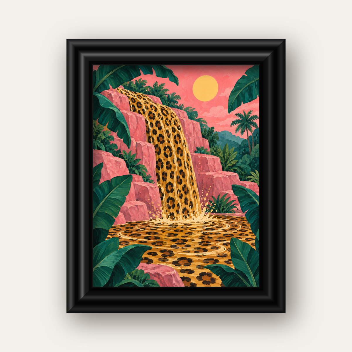 Leopar Desenli Şelale: Tropik Sanat Poster Baskısı — siyah galeri çerçeveli