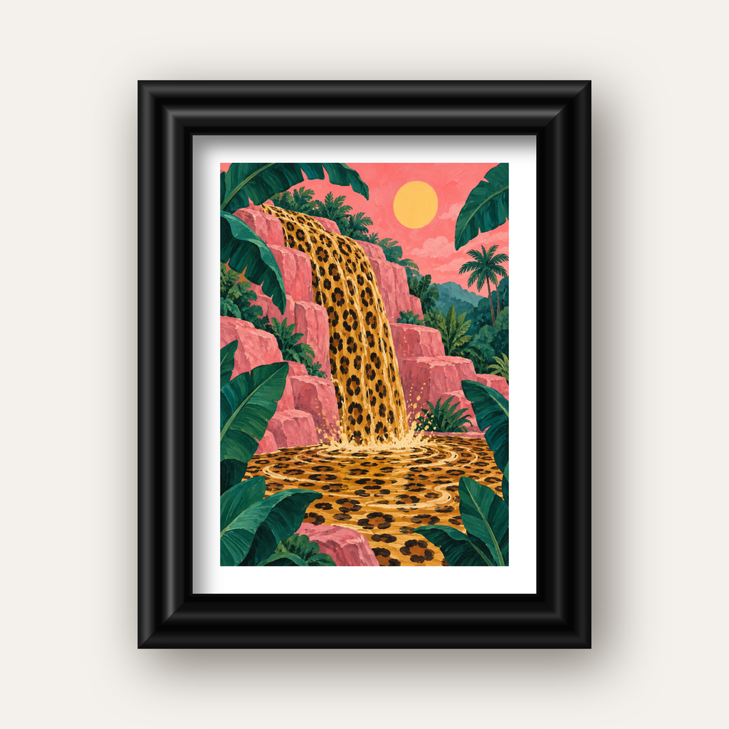 Leopar Desenli Şelale: Tropik Sanat Poster Baskısı — siyah galeri çerçeveli paspartulu