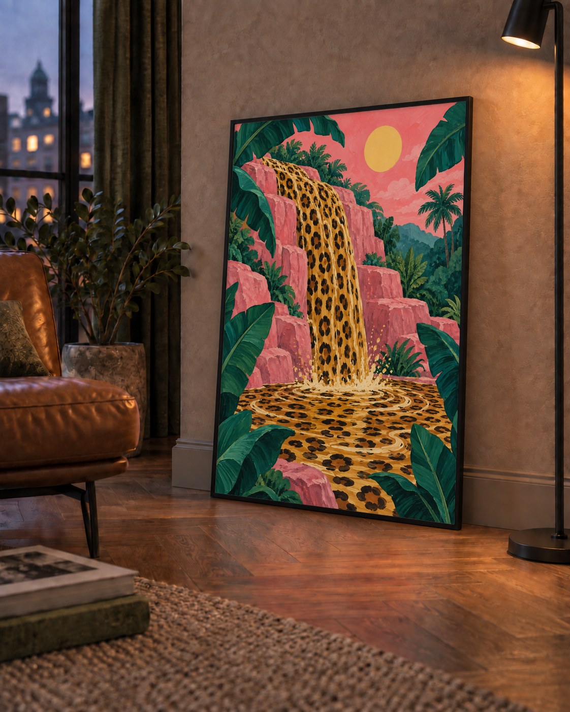 Leopar Desenli Şelale: Tropik Sanat Poster Baskısı — çerçeveli hâliyle bir ev duvarında