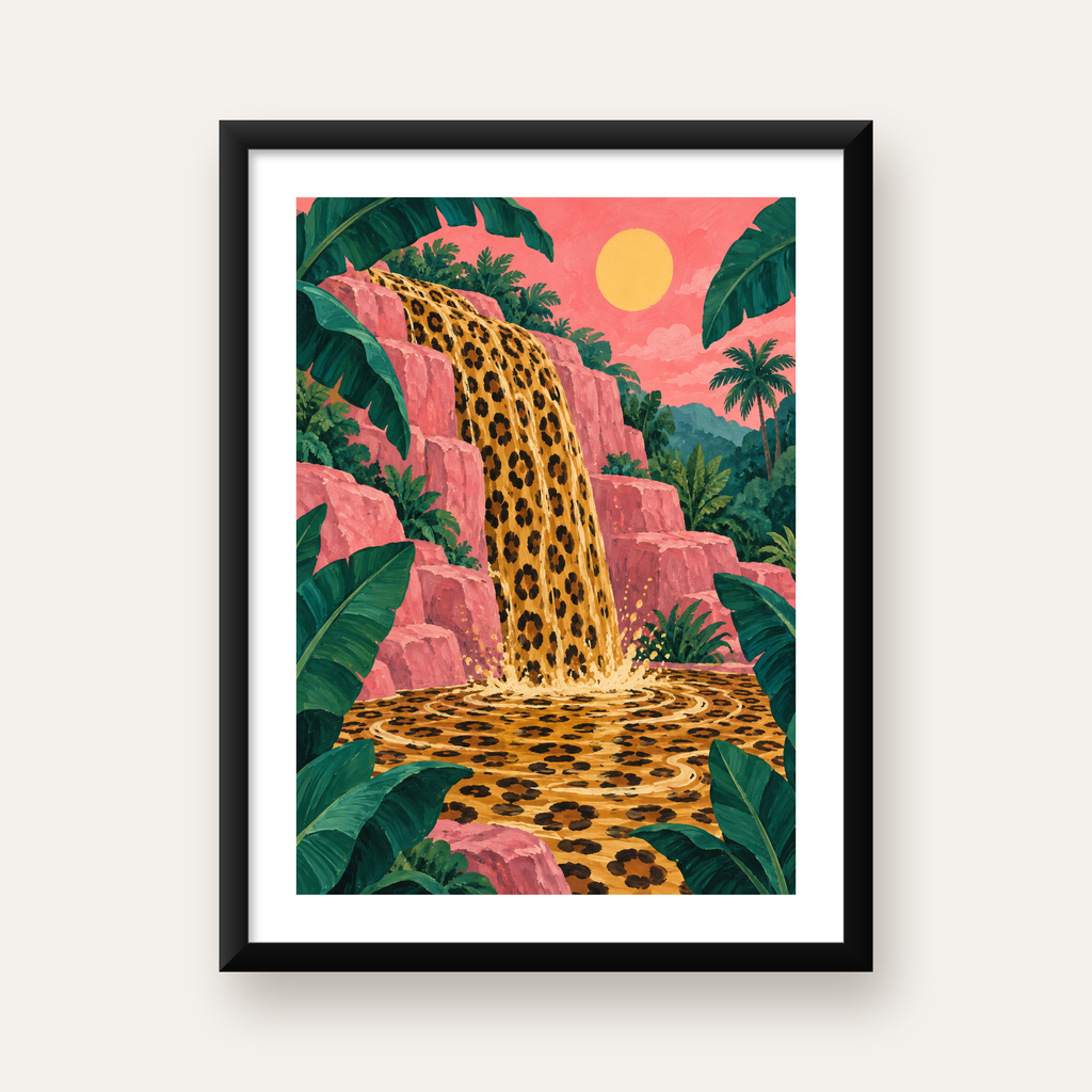 Leopar Desenli Şelale: Tropik Sanat Poster Baskısı — Dikey baskı, beyaz paspartulu