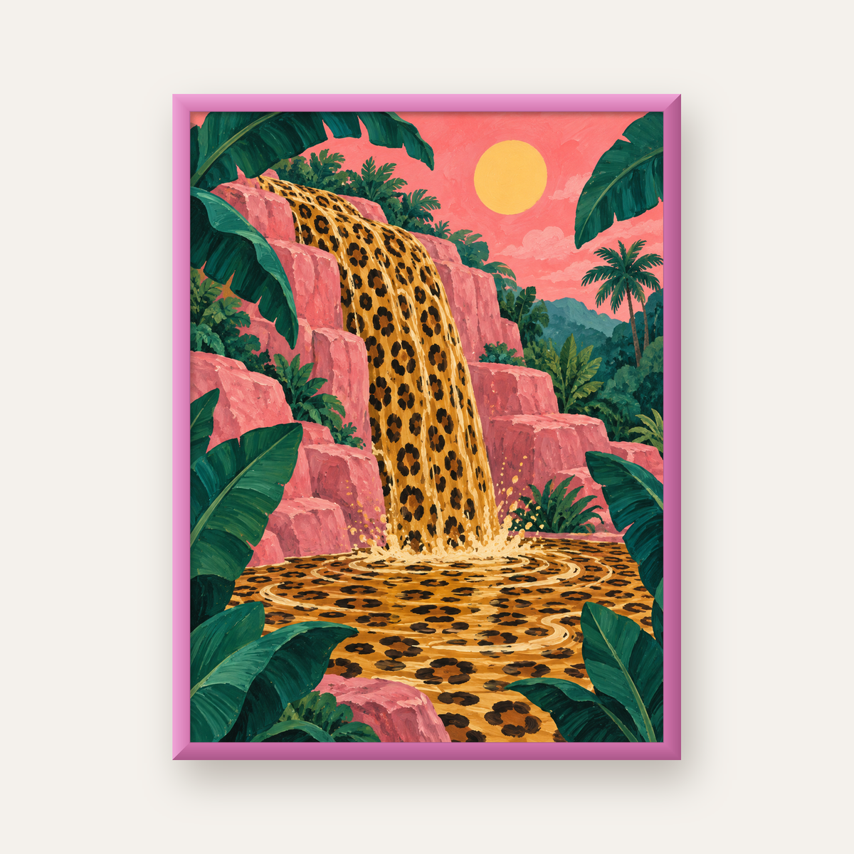 Leopar Desenli Şelale: Tropik Sanat Poster Baskısı — pembe çerçeveli