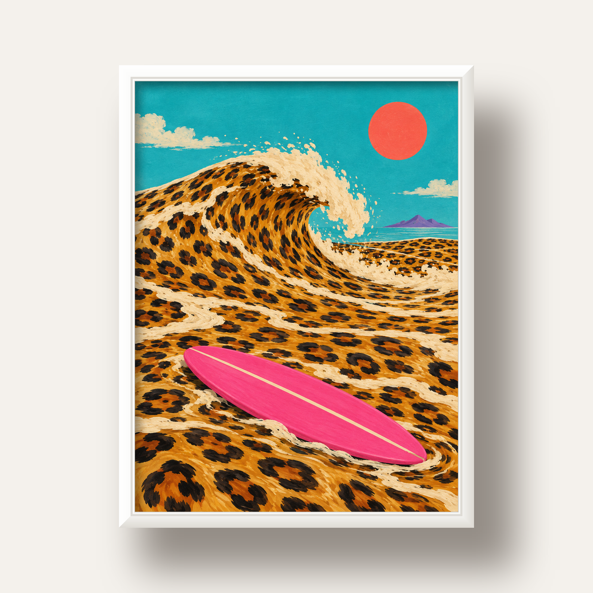 Leopar Desenli Dalga ve Pembe Sörf Poster Dijital Baskı — beyaz derin çerçeveli