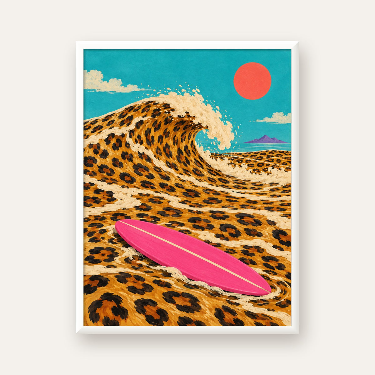 Leopar Desenli Dalga ve Pembe Sörf Poster Dijital Baskı — beyaz çerçeveli dikey poster