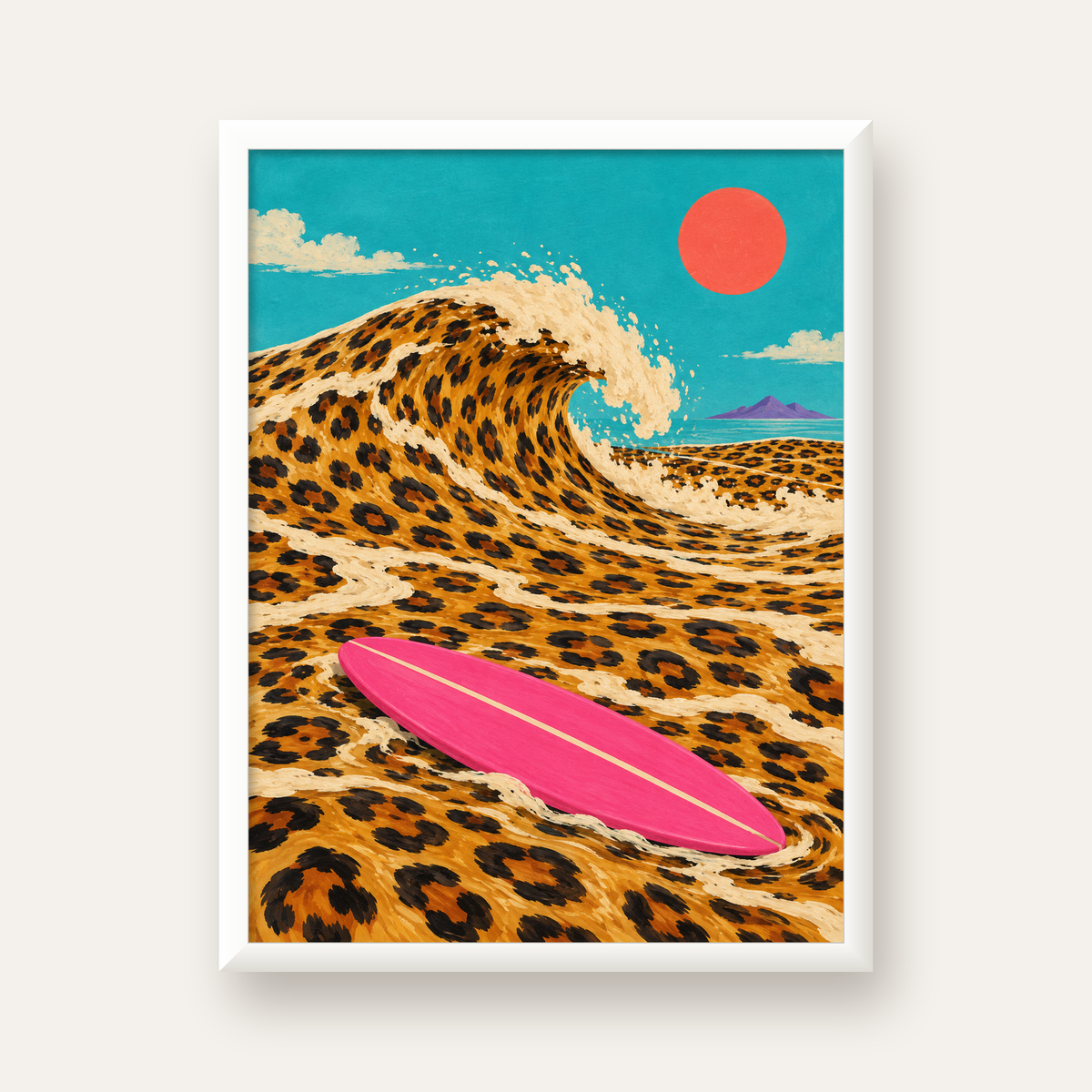 Leopar Desenli Dalga ve Pembe Sörf Poster Dijital Baskı — beyaz çerçeveli dikey poster