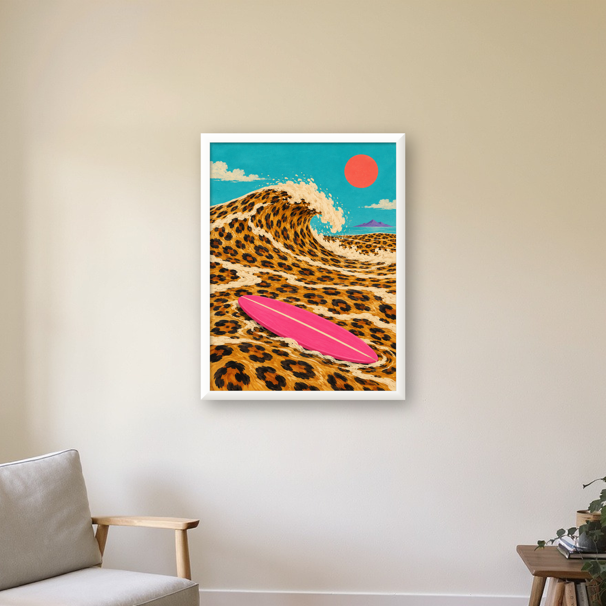 Leopar Desenli Dalga ve Pembe Sörf Poster Dijital Baskı — beyaz çerçeveli dikey poster