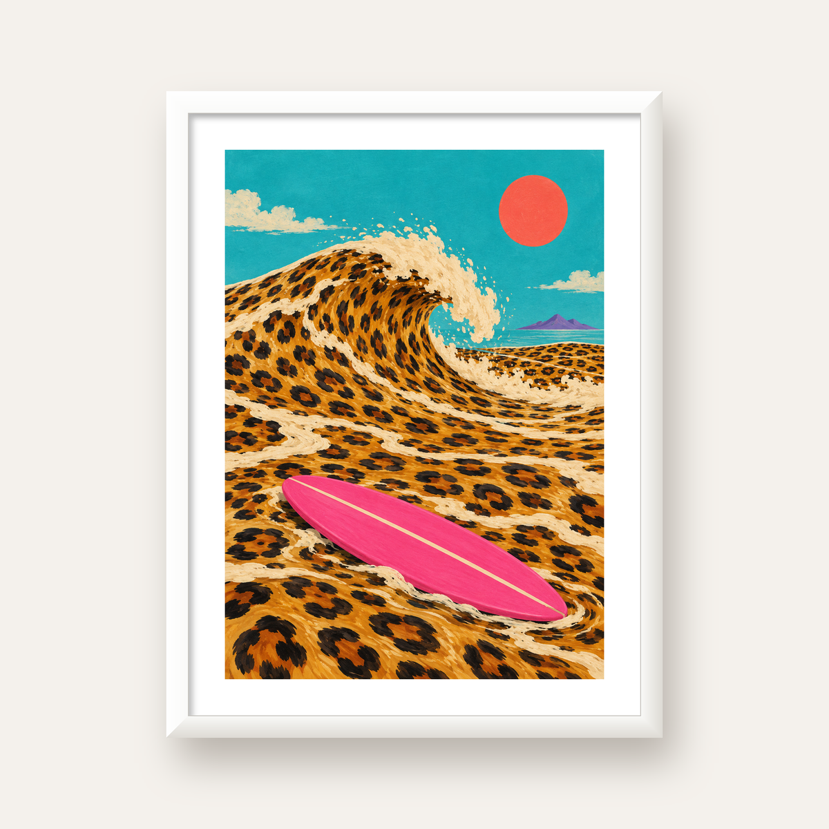 Leopar Desenli Dalga ve Pembe Sörf Poster Dijital Baskı — beyaz çerçeveli dikey poster