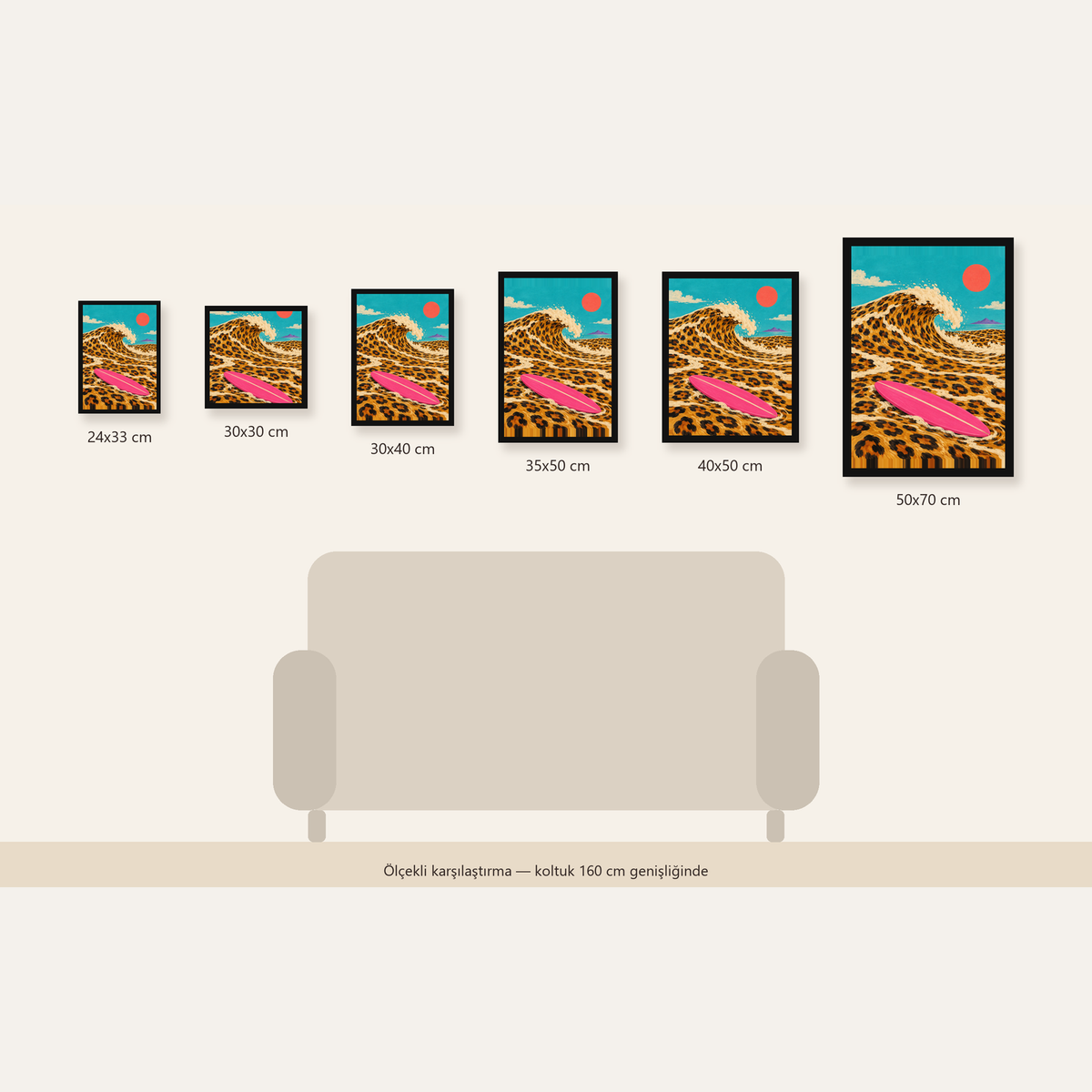 Leopar Desenli Dalga ve Pembe Sörf Poster Dijital Baskı — Dikey ölçülerinin karşılaştırması