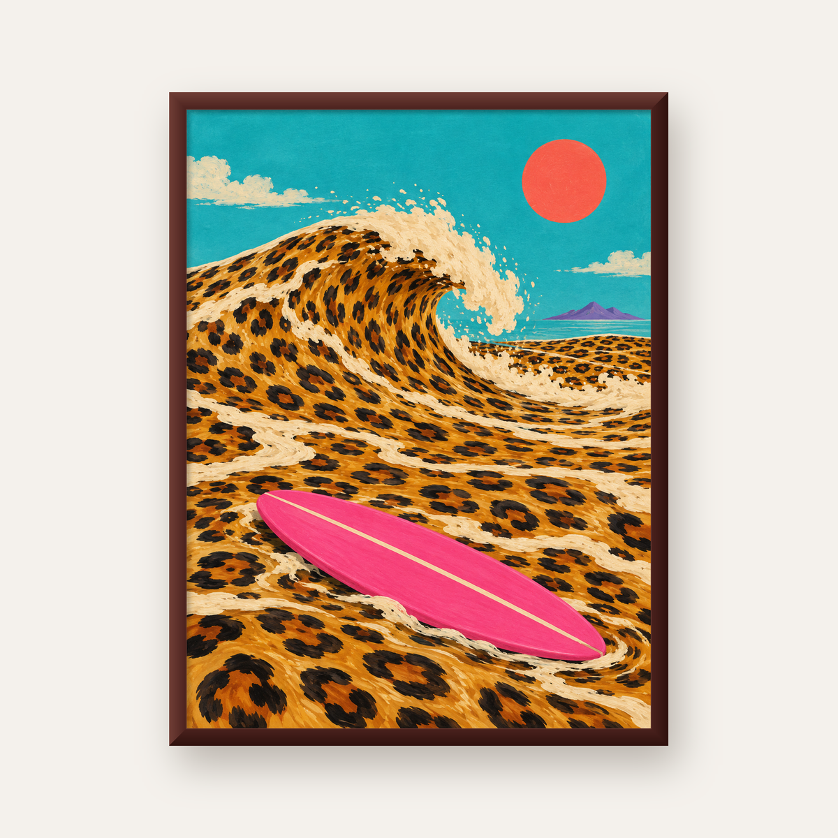Leopar Desenli Dalga ve Pembe Sörf Poster Dijital Baskı — ceviz çerçeveli