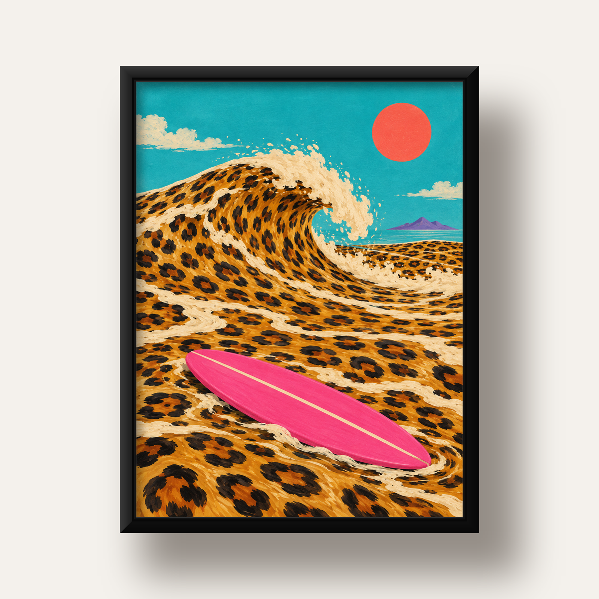 Leopar Desenli Dalga ve Pembe Sörf Poster Dijital Baskı — siyah derin çerçeveli