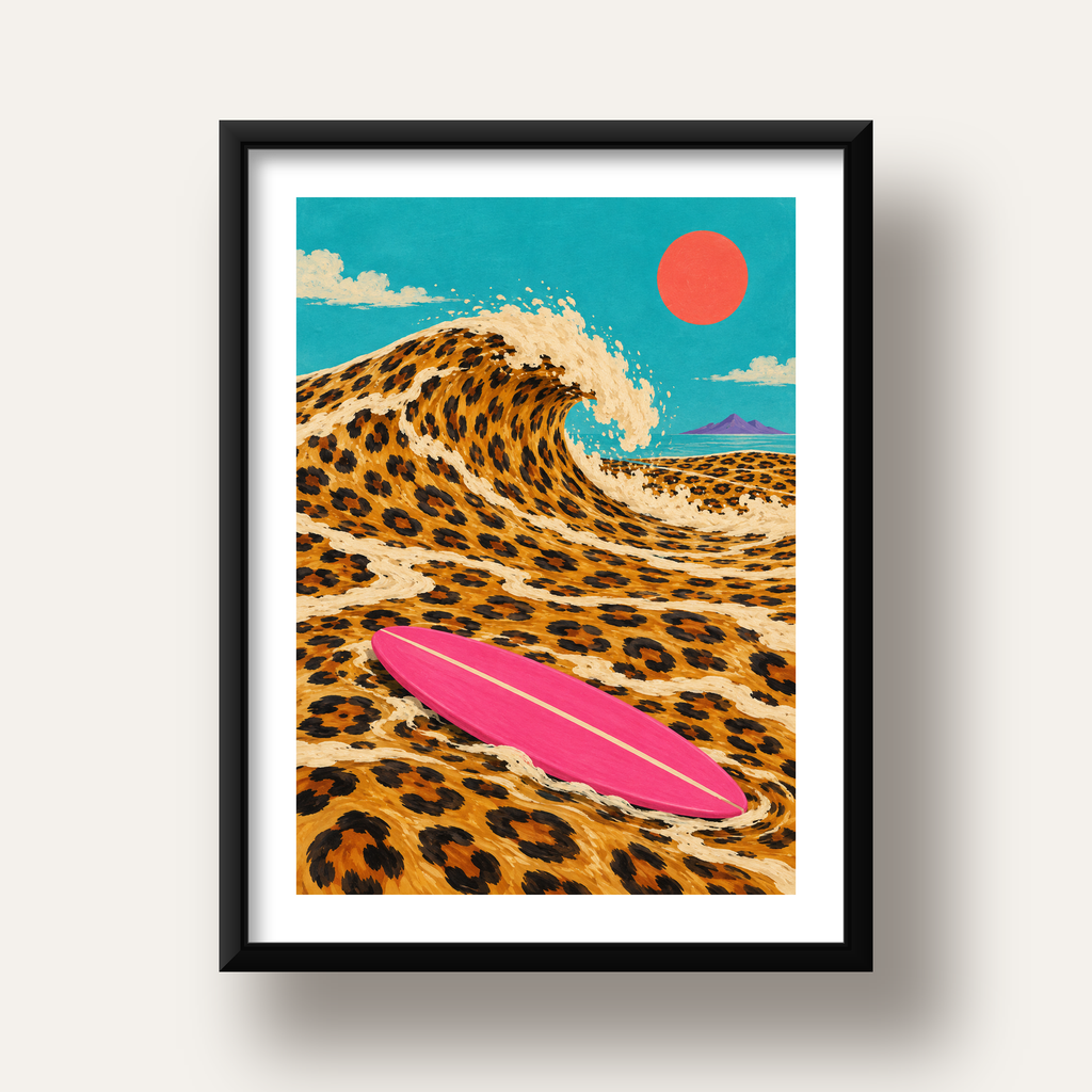 Leopar Desenli Dalga ve Pembe Sörf Poster Dijital Baskı — siyah derin çerçeveli paspartulu