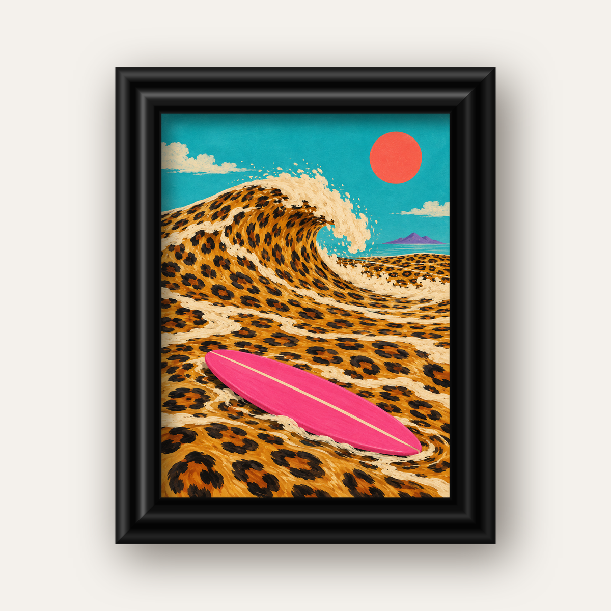 Leopar Desenli Dalga ve Pembe Sörf Poster Dijital Baskı — siyah galeri çerçeveli