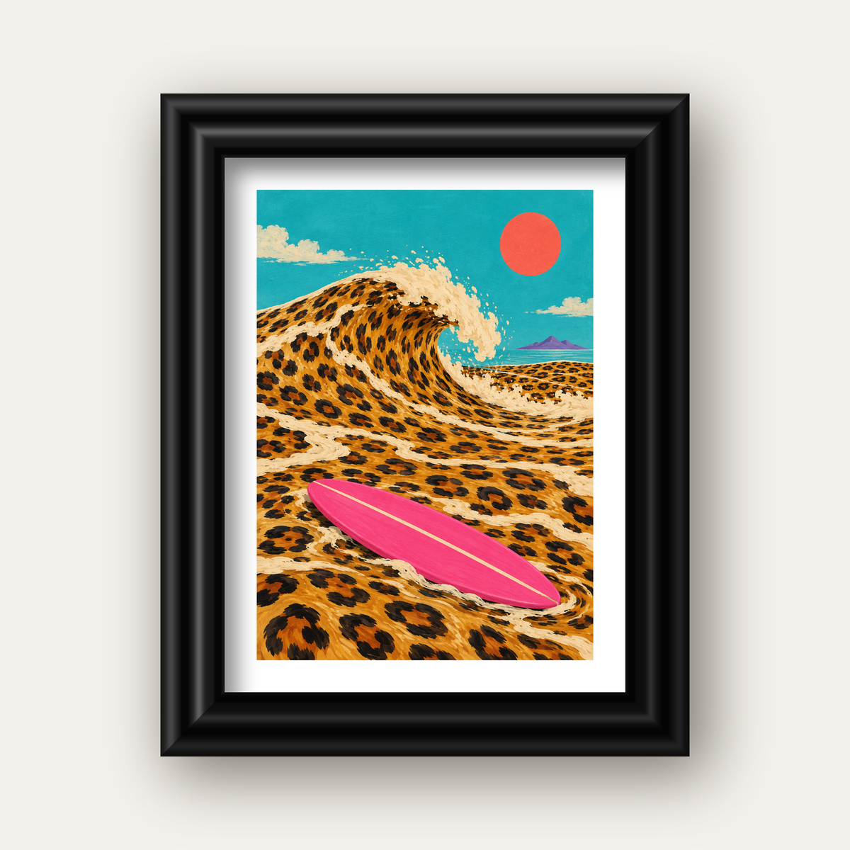 Leopar Desenli Dalga ve Pembe Sörf Poster Dijital Baskı — siyah galeri çerçeveli paspartulu