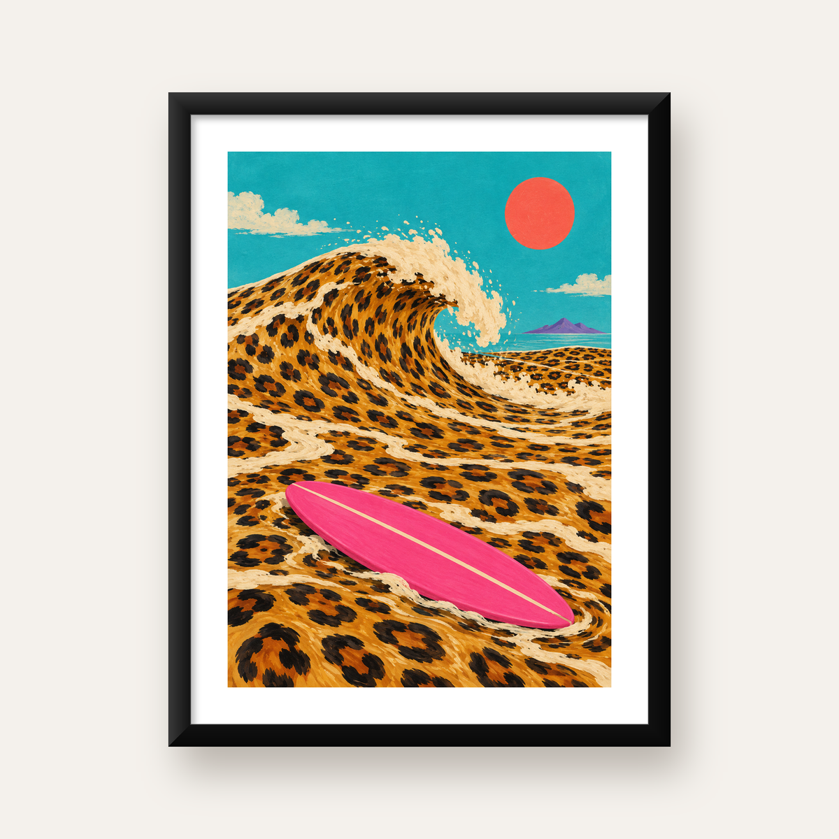Leopar Desenli Dalga ve Pembe Sörf Poster Dijital Baskı — Dikey baskı, beyaz paspartulu