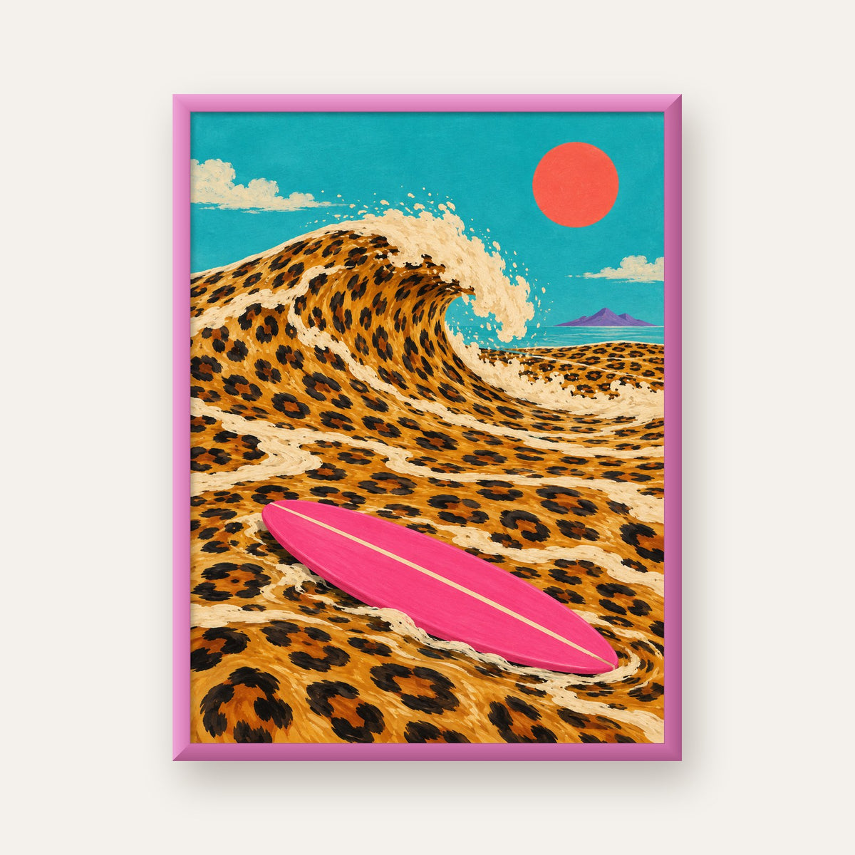 Leopar Desenli Dalga ve Pembe Sörf Poster Dijital Baskı — pembe çerçeveli