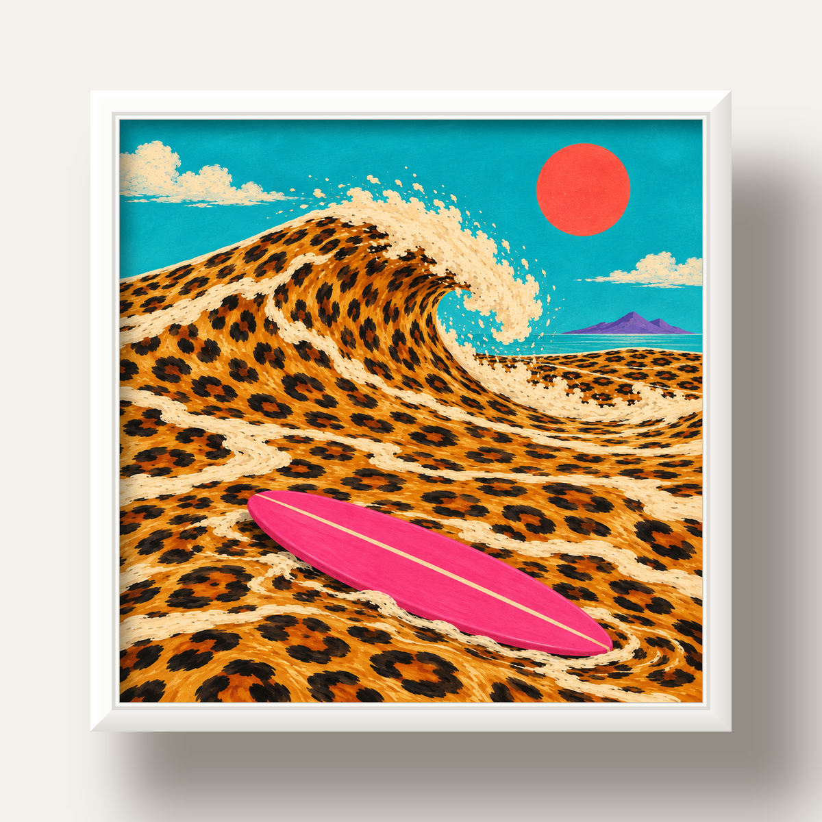 Leopar Desenli Dalga ve Pembe Sörf Poster Dijital Baskı — beyaz derin çerçeveli