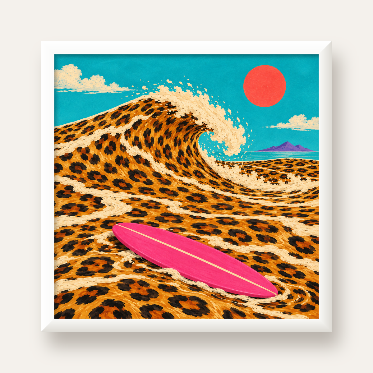 Leopar Desenli Dalga ve Pembe Sörf Poster Dijital Baskı — beyaz çerçeveli kare poster