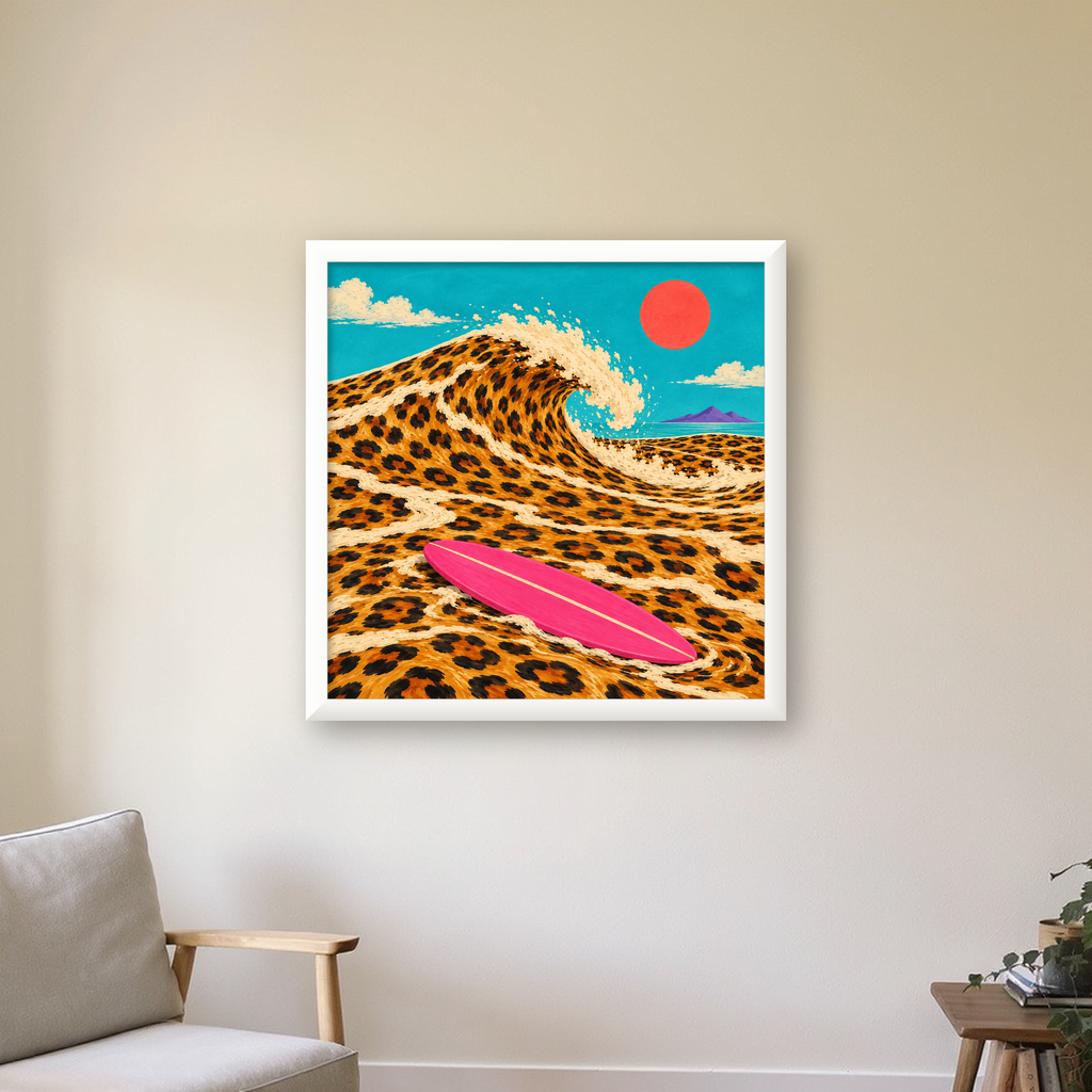 Leopar Desenli Dalga ve Pembe Sörf Poster Dijital Baskı — beyaz çerçeveli kare poster