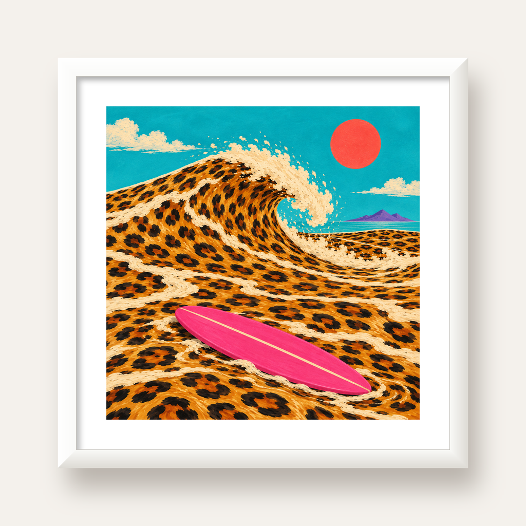 Leopar Desenli Dalga ve Pembe Sörf Poster Dijital Baskı — beyaz çerçeveli kare poster