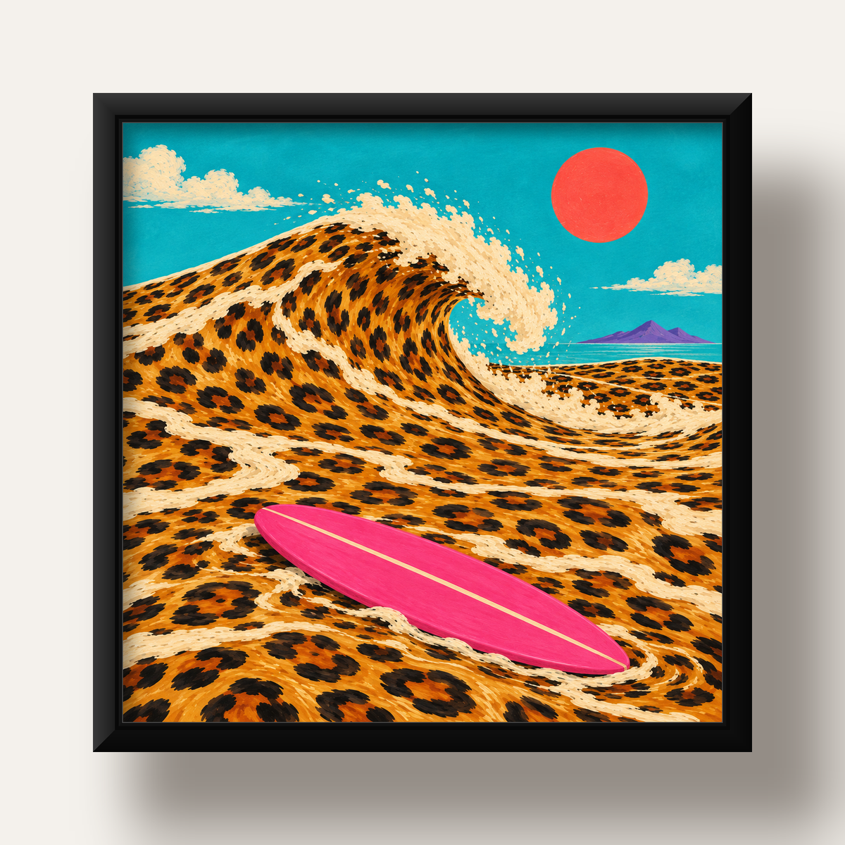 Leopar Desenli Dalga ve Pembe Sörf Poster Dijital Baskı — siyah derin çerçeveli