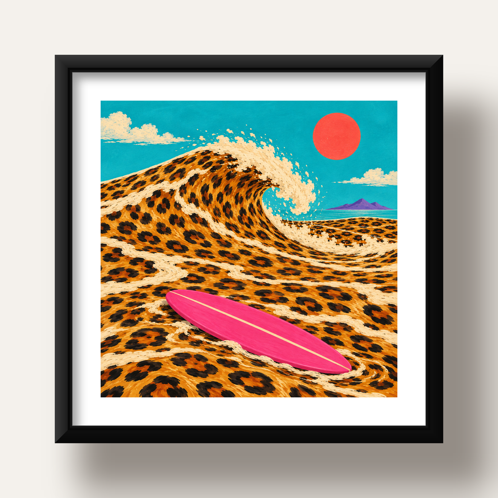 Leopar Desenli Dalga ve Pembe Sörf Poster Dijital Baskı — siyah derin çerçeveli paspartulu