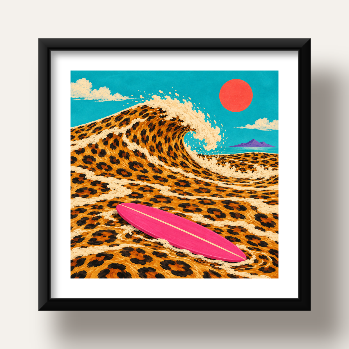 Leopar Desenli Dalga ve Pembe Sörf Poster Dijital Baskı — siyah derin çerçeveli paspartulu