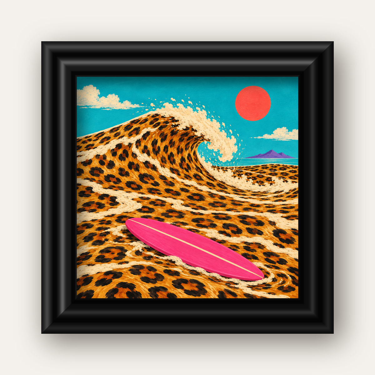 Leopar Desenli Dalga ve Pembe Sörf Poster Dijital Baskı — siyah galeri çerçeveli
