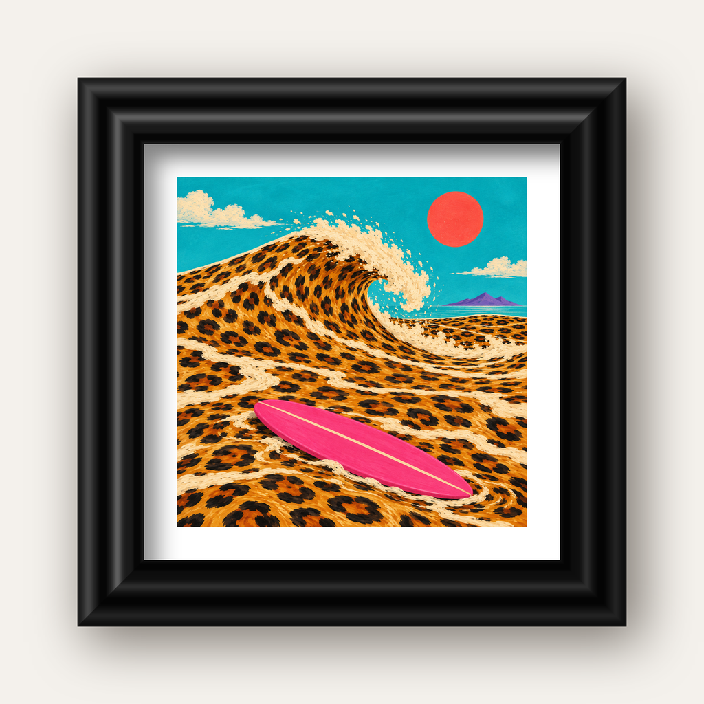 Leopar Desenli Dalga ve Pembe Sörf Poster Dijital Baskı — siyah galeri çerçeveli paspartulu