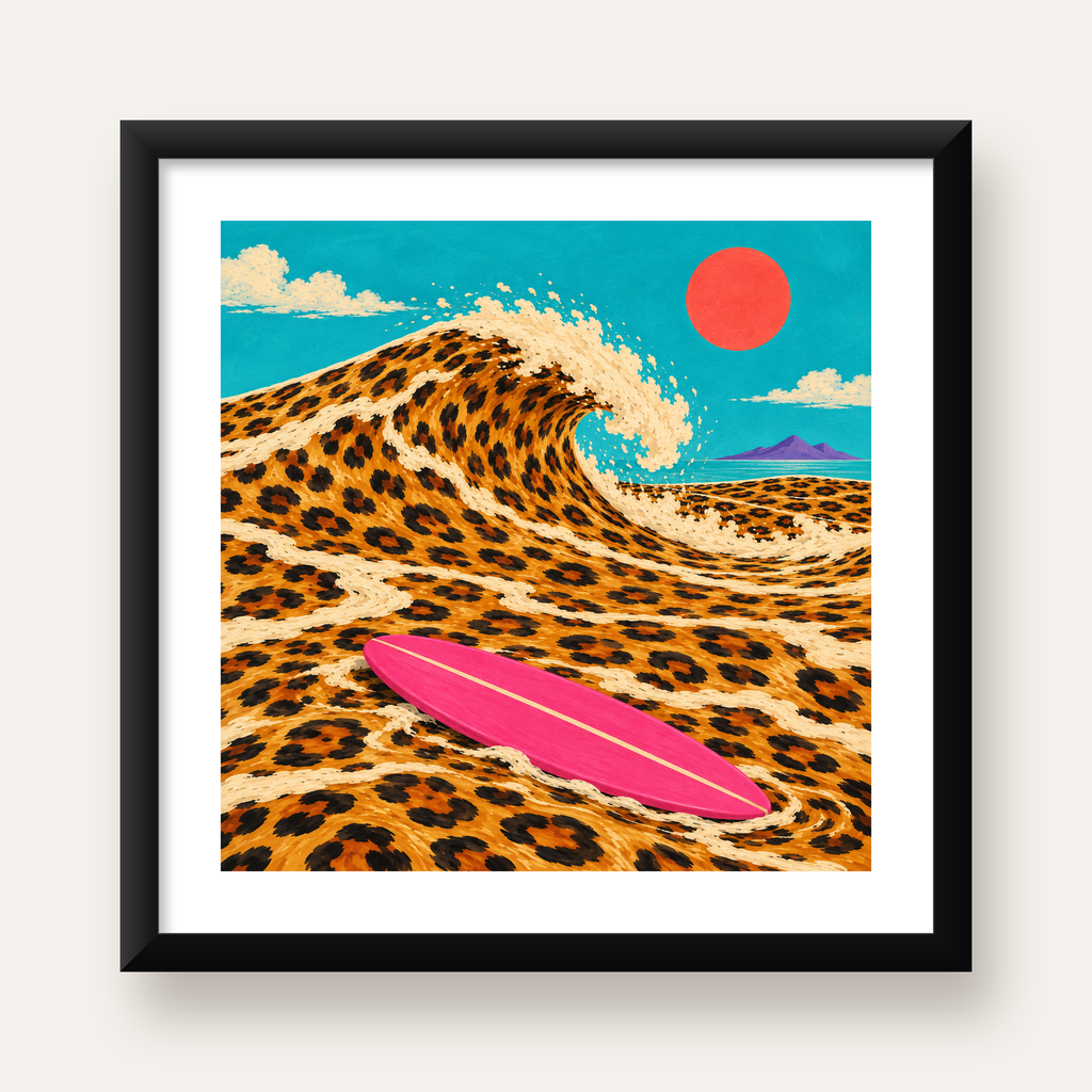 Leopar Desenli Dalga ve Pembe Sörf Poster Dijital Baskı — Kare baskı, beyaz paspartulu
