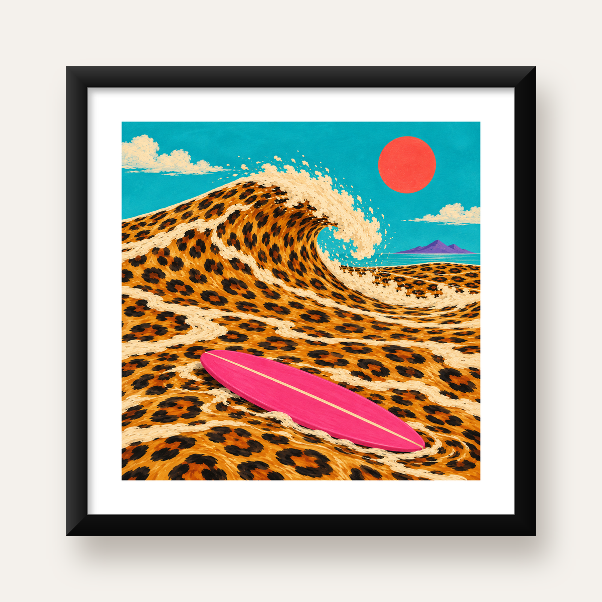 Leopar Desenli Dalga ve Pembe Sörf Poster Dijital Baskı — Kare baskı, beyaz paspartulu