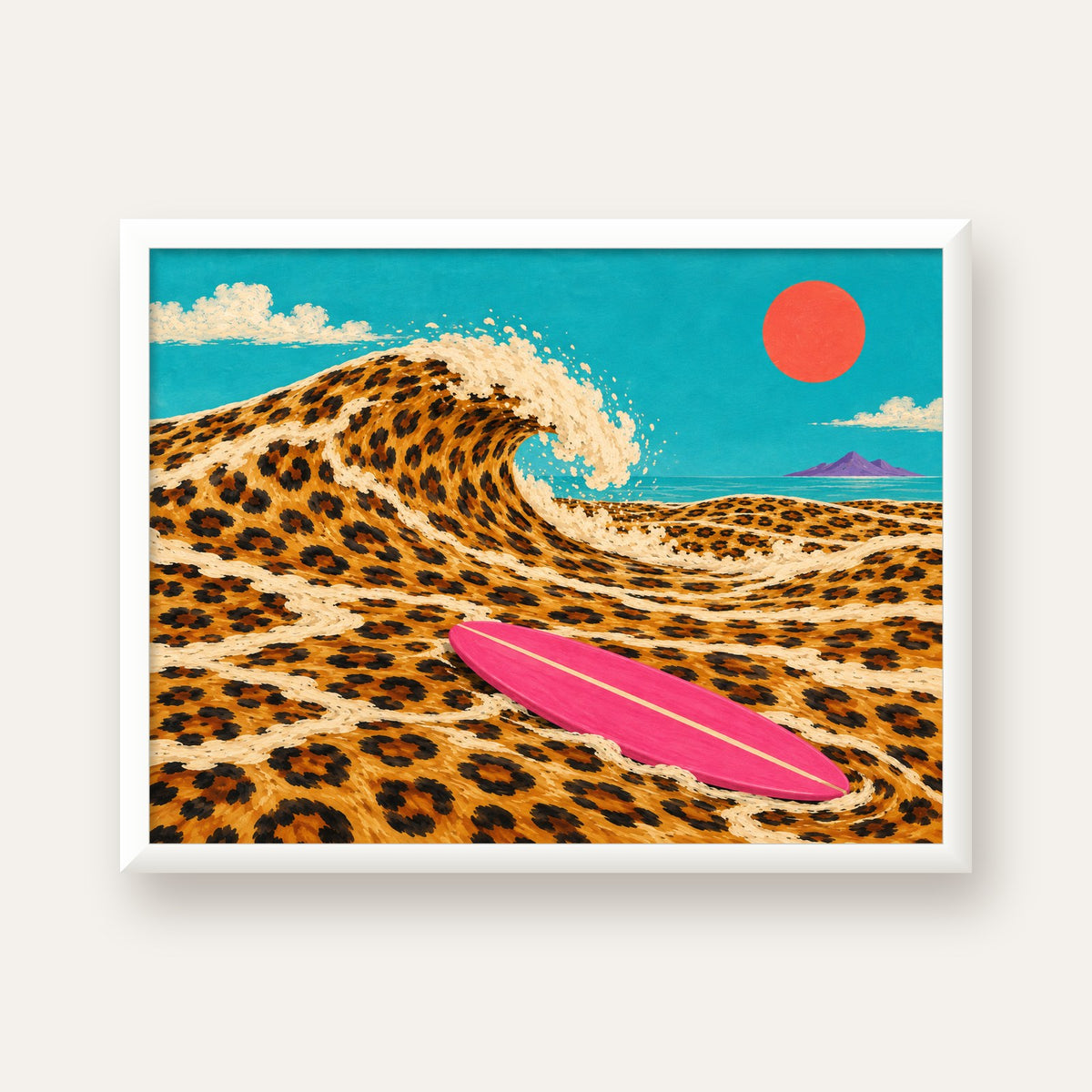 Leopar Desenli Dalga ve Pembe Sörf Poster Dijital Baskı — beyaz çerçeveli yatay poster