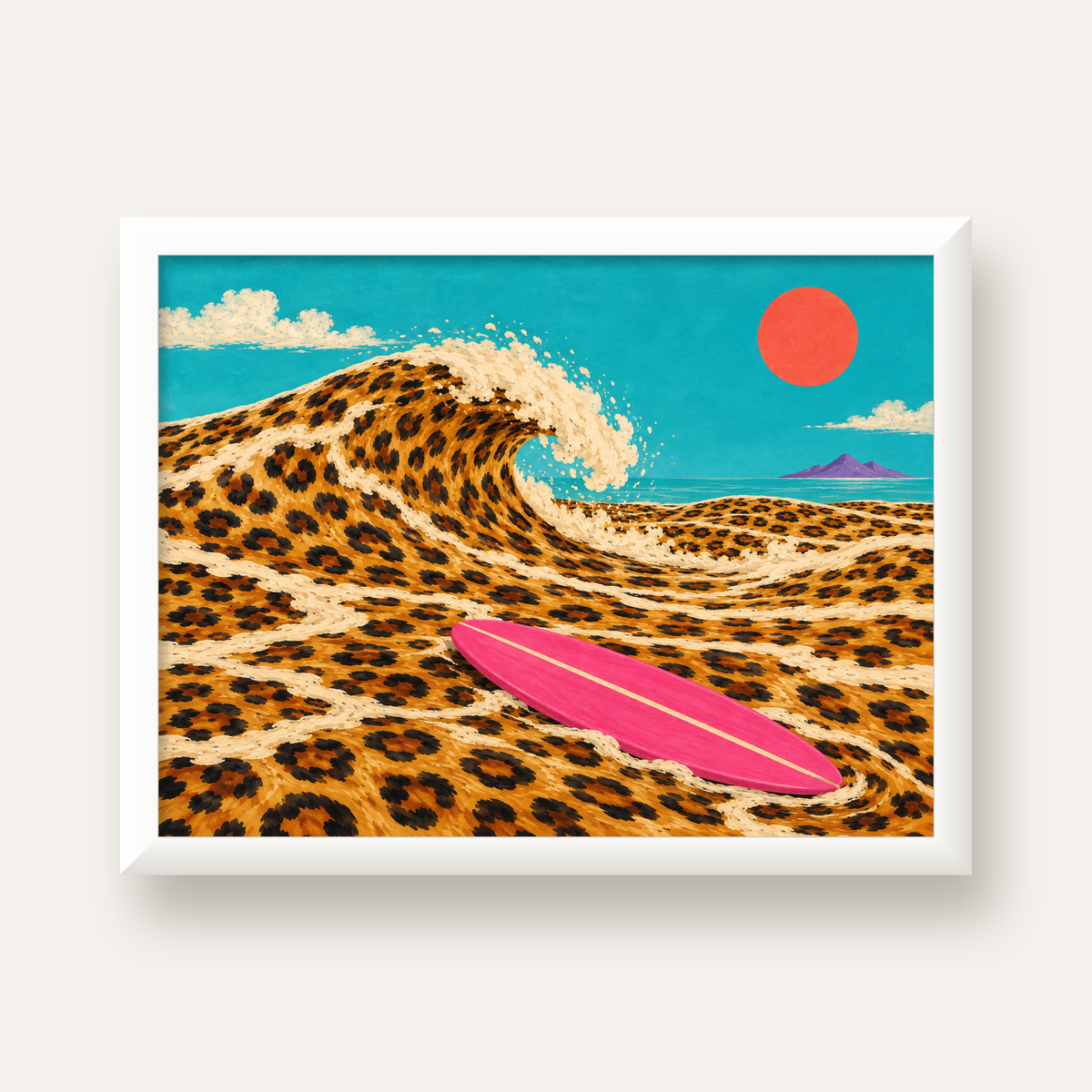 Leopar Desenli Dalga ve Pembe Sörf Poster Dijital Baskı — beyaz çerçeveli yatay poster