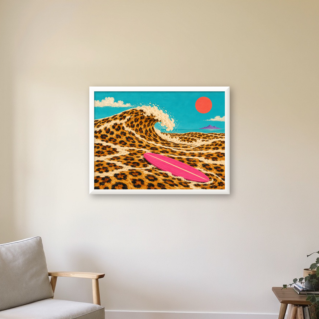 Leopar Desenli Dalga ve Pembe Sörf Poster Dijital Baskı — beyaz çerçeveli yatay poster