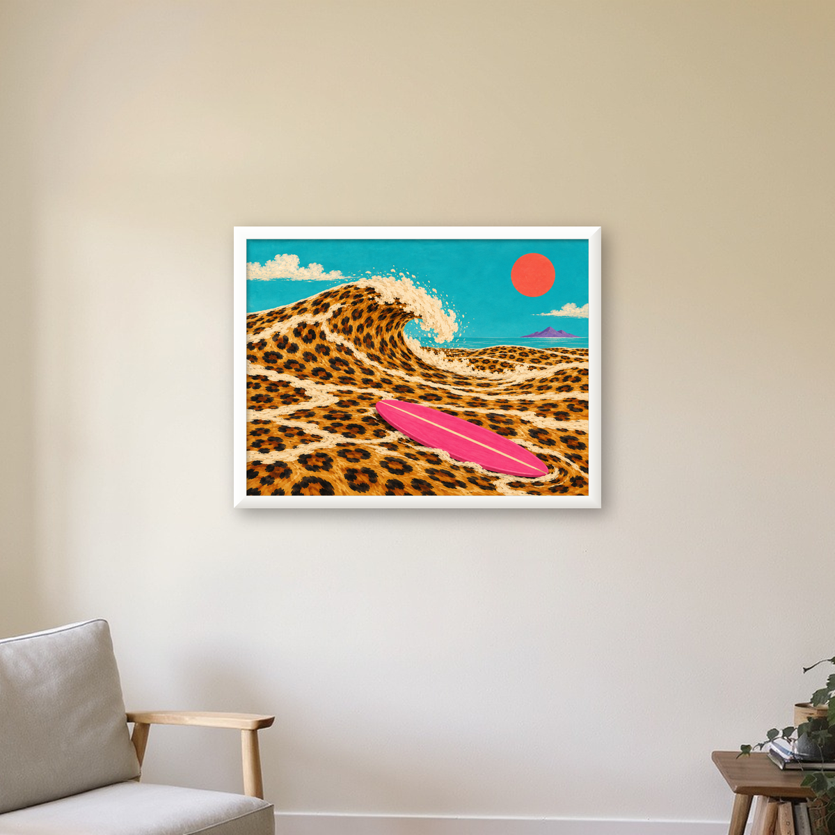 Leopar Desenli Dalga ve Pembe Sörf Poster Dijital Baskı — beyaz çerçeveli yatay poster