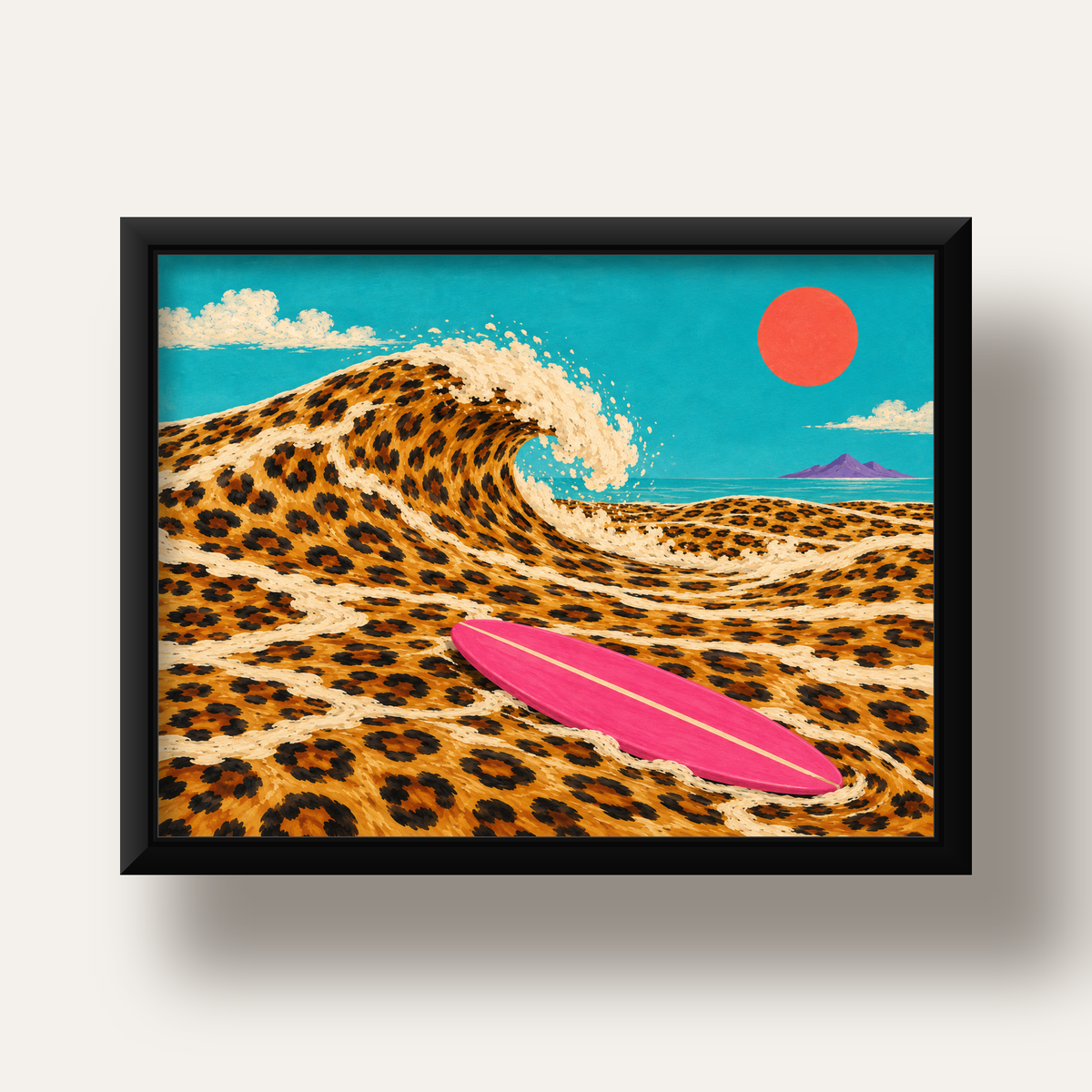 Leopar Desenli Dalga ve Pembe Sörf Poster Dijital Baskı — siyah derin çerçeveli