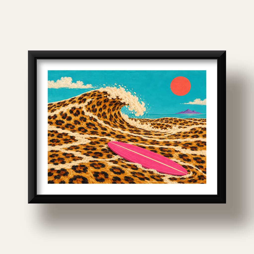 Leopar Desenli Dalga ve Pembe Sörf Poster Dijital Baskı — siyah derin çerçeveli paspartulu