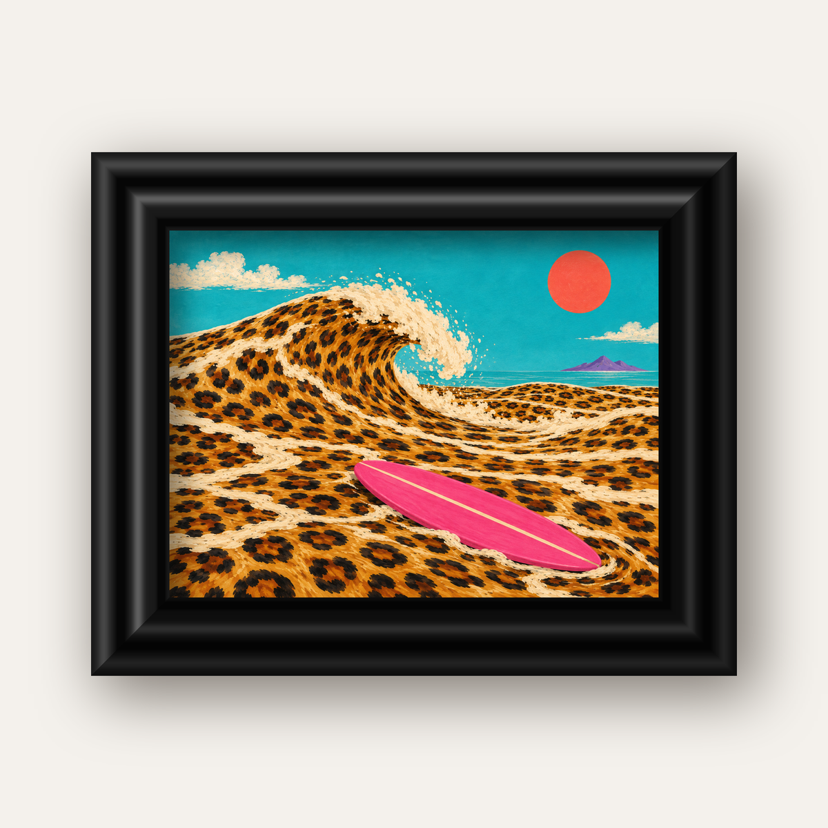 Leopar Desenli Dalga ve Pembe Sörf Poster Dijital Baskı — siyah galeri çerçeveli