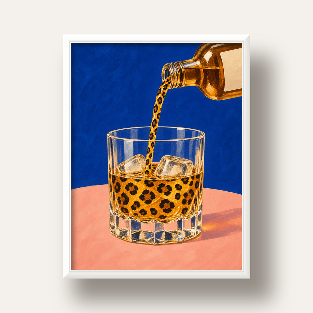 Leopar Desenli İçki Posteri – Modern Yağlı Boya Bar Sanatı — beyaz derin çerçeveli