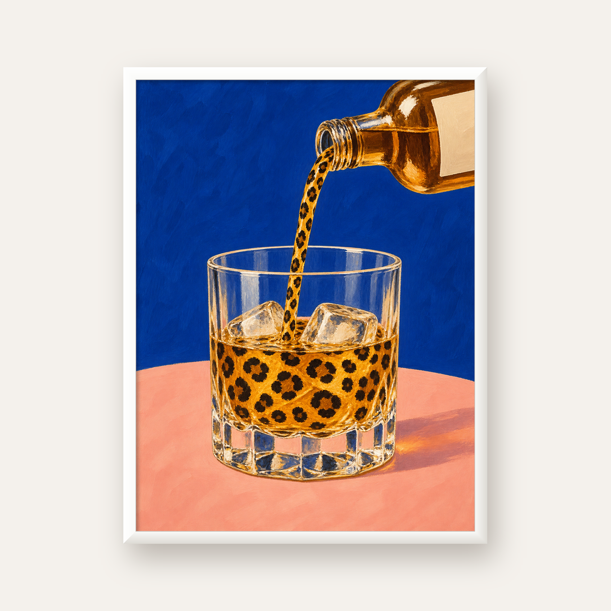 Leopar Desenli İçki Posteri – Modern Yağlı Boya Bar Sanatı — beyaz çerçeveli dikey poster