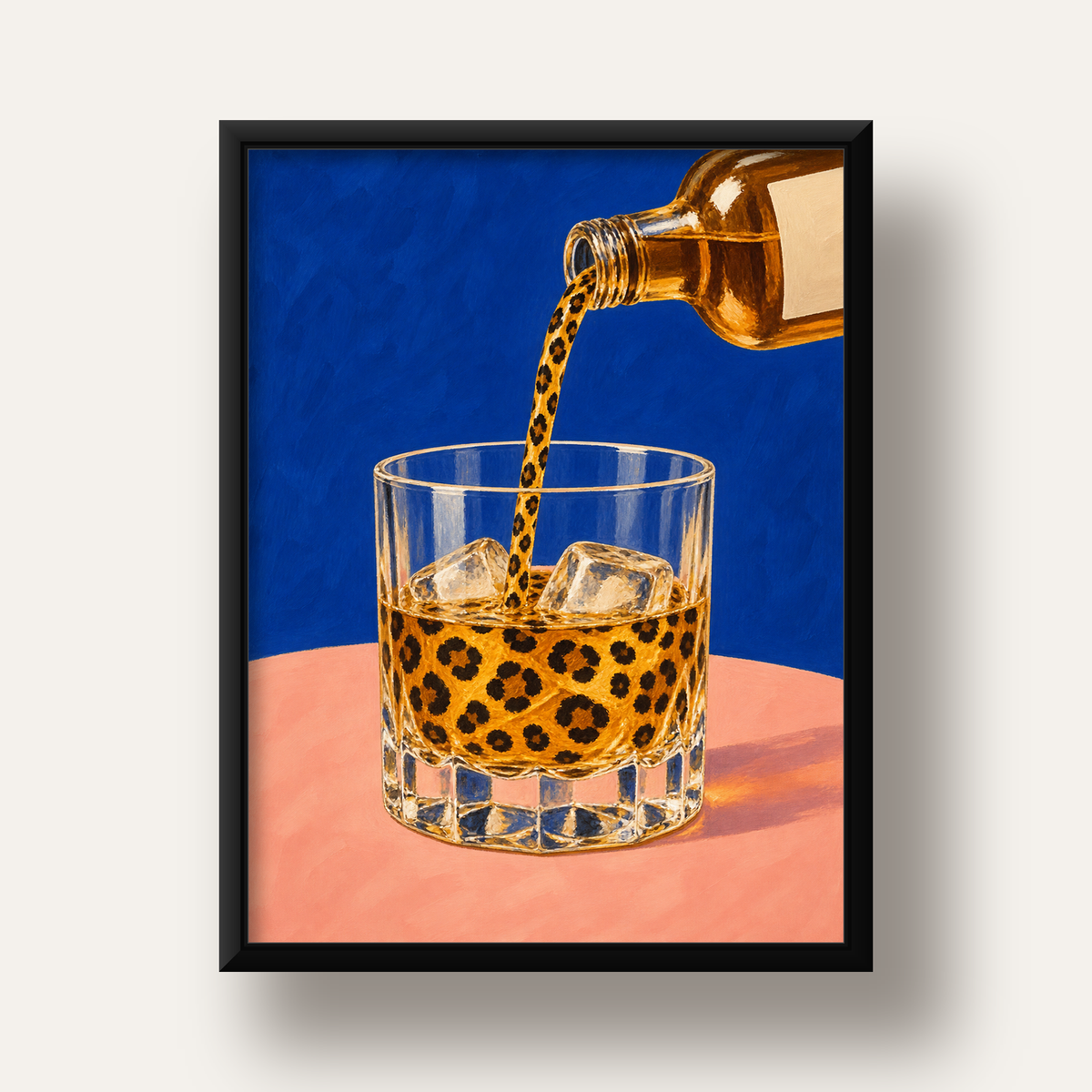 Leopar Desenli İçki Posteri – Modern Yağlı Boya Bar Sanatı — siyah derin çerçeveli