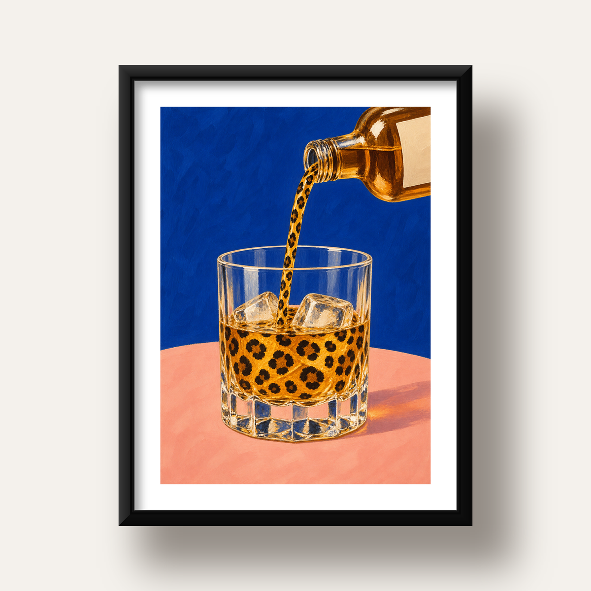 Leopar Desenli İçki Posteri – Modern Yağlı Boya Bar Sanatı — siyah derin çerçeveli paspartulu