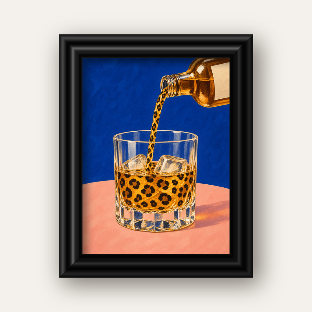 Leopar Desenli İçki Posteri – Modern Yağlı Boya Bar Sanatı — siyah galeri çerçeveli