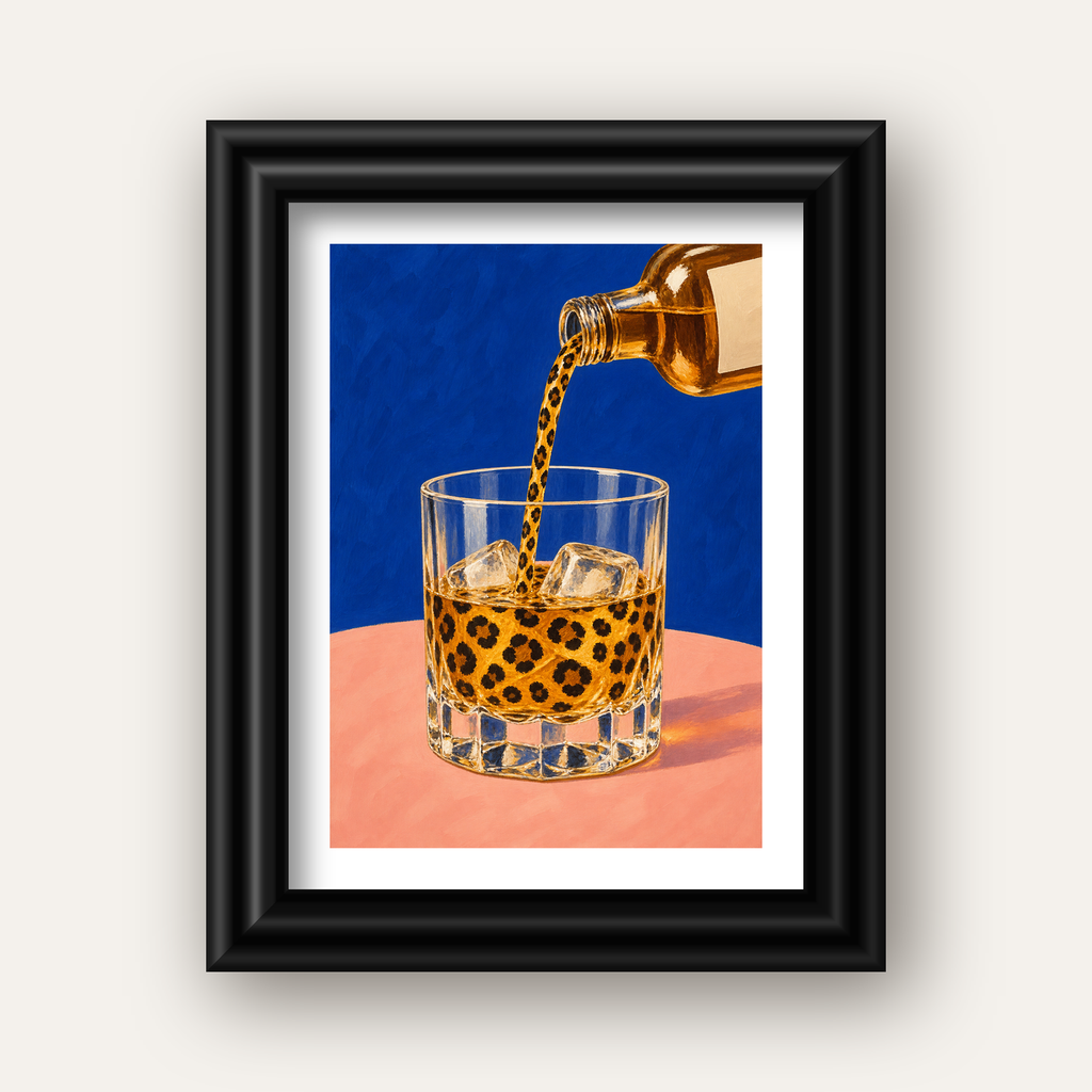 Leopar Desenli İçki Posteri – Modern Yağlı Boya Bar Sanatı — siyah galeri çerçeveli paspartulu