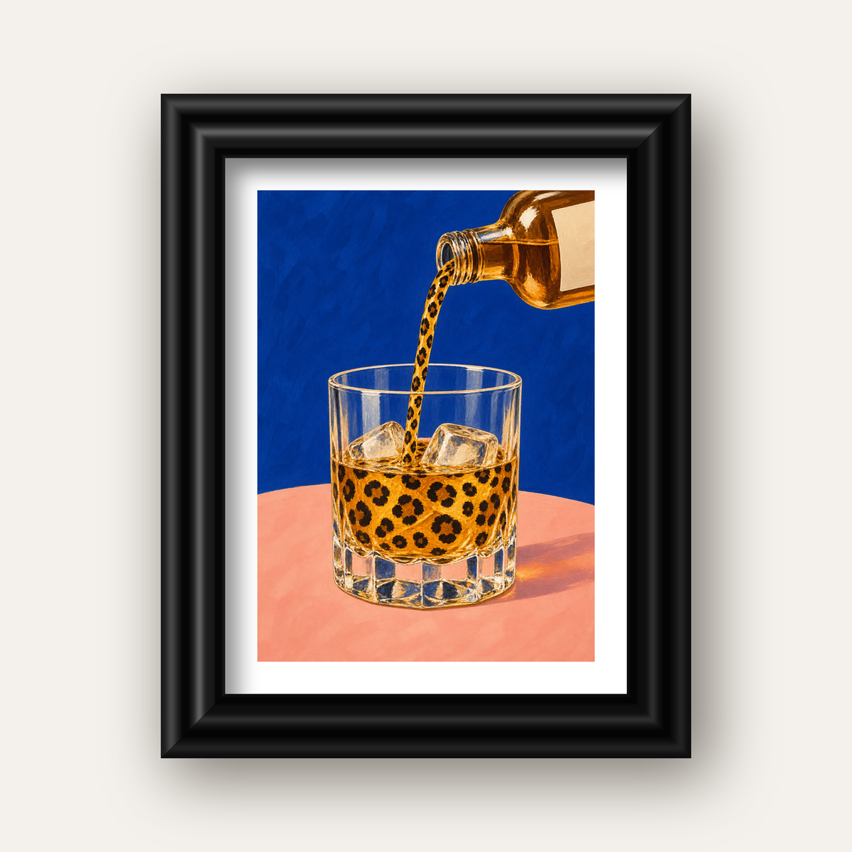 Leopar Desenli İçki Posteri – Modern Yağlı Boya Bar Sanatı — siyah galeri çerçeveli paspartulu