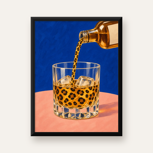 Leopar Desenli İçki Posteri – Modern Yağlı Boya Bar Sanatı