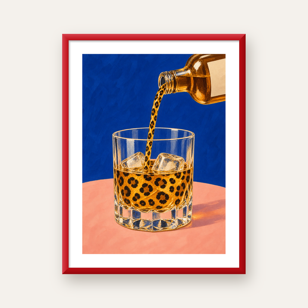 Leopar Desenli İçki Posteri – Modern Yağlı Boya Bar Sanatı — kırmızı çerçeveli paspartulu