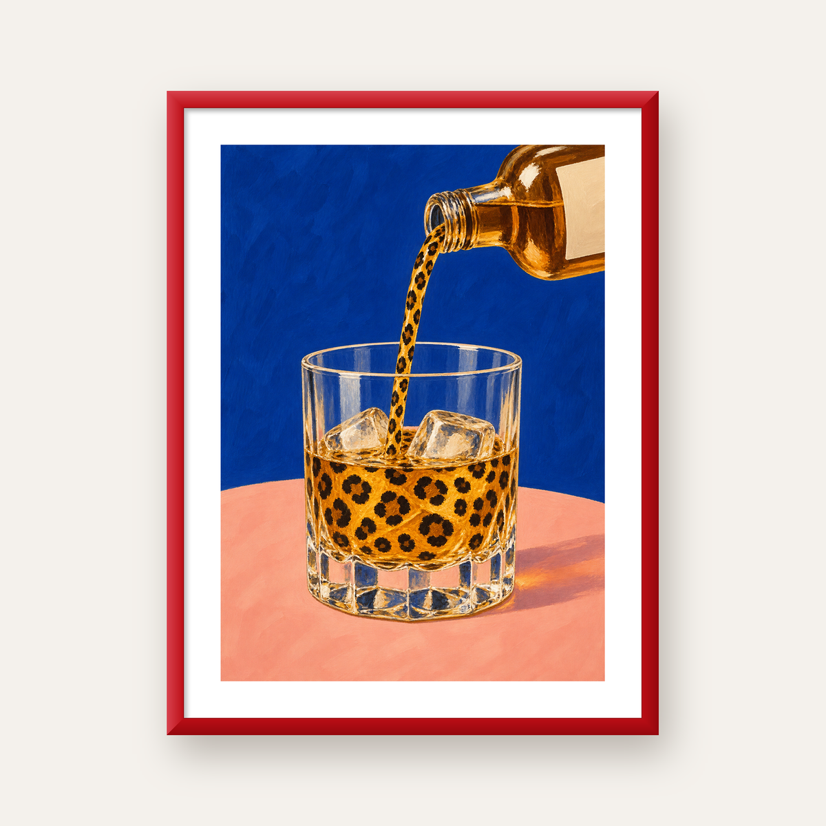 Leopar Desenli İçki Posteri – Modern Yağlı Boya Bar Sanatı — kırmızı çerçeveli paspartulu