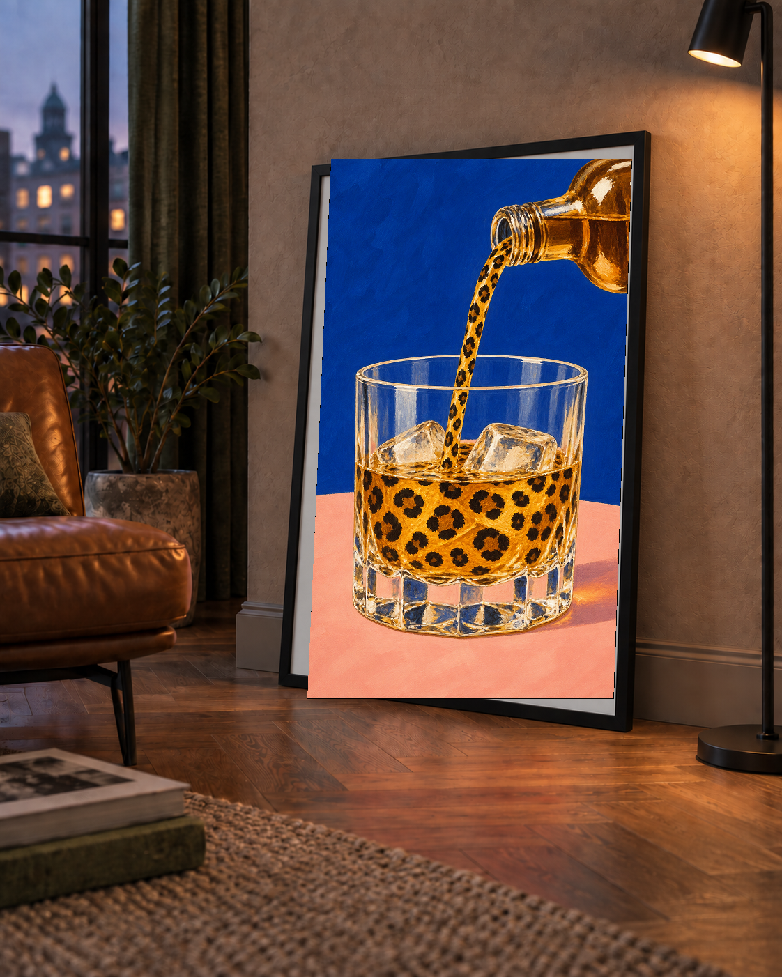 Leopar Desenli İçki Posteri – Modern Yağlı Boya Bar Sanatı