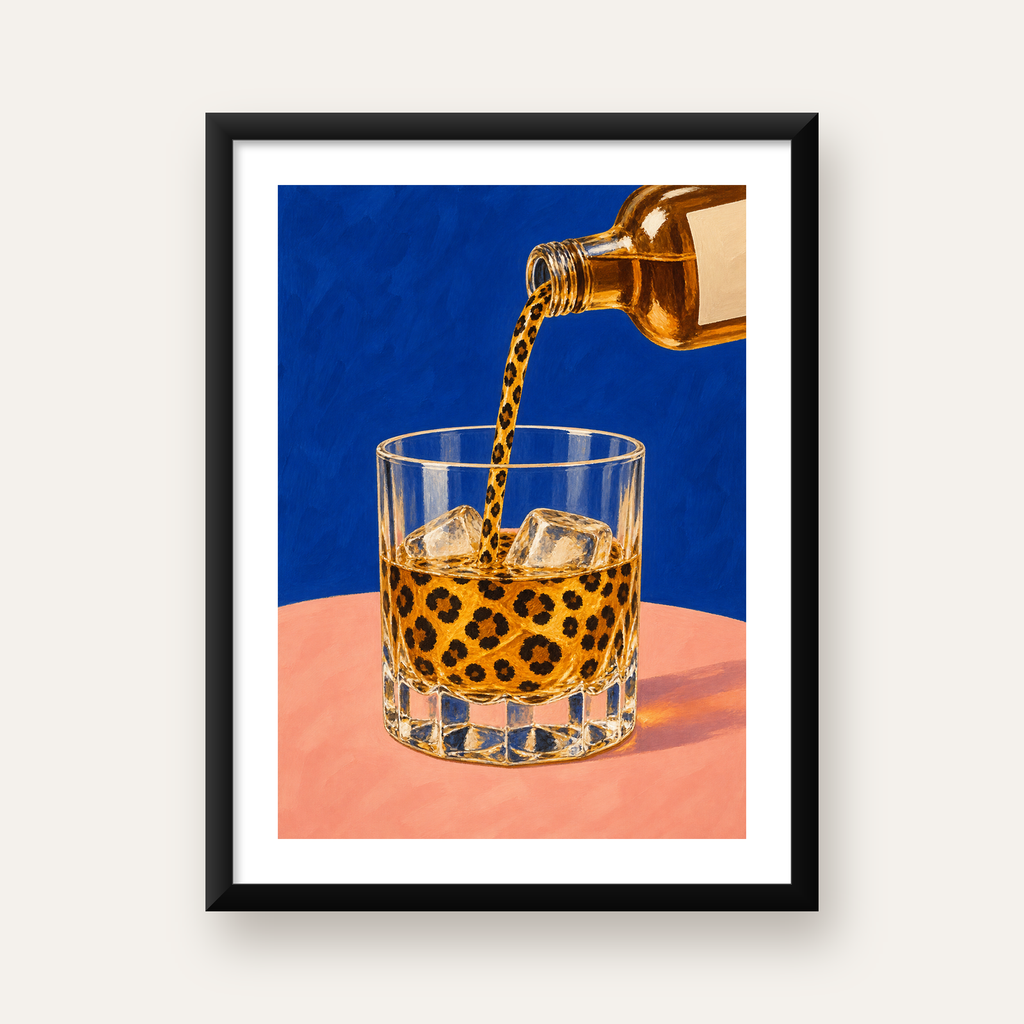 Leopar Desenli İçki Posteri – Modern Yağlı Boya Bar Sanatı — Dikey baskı, beyaz paspartulu