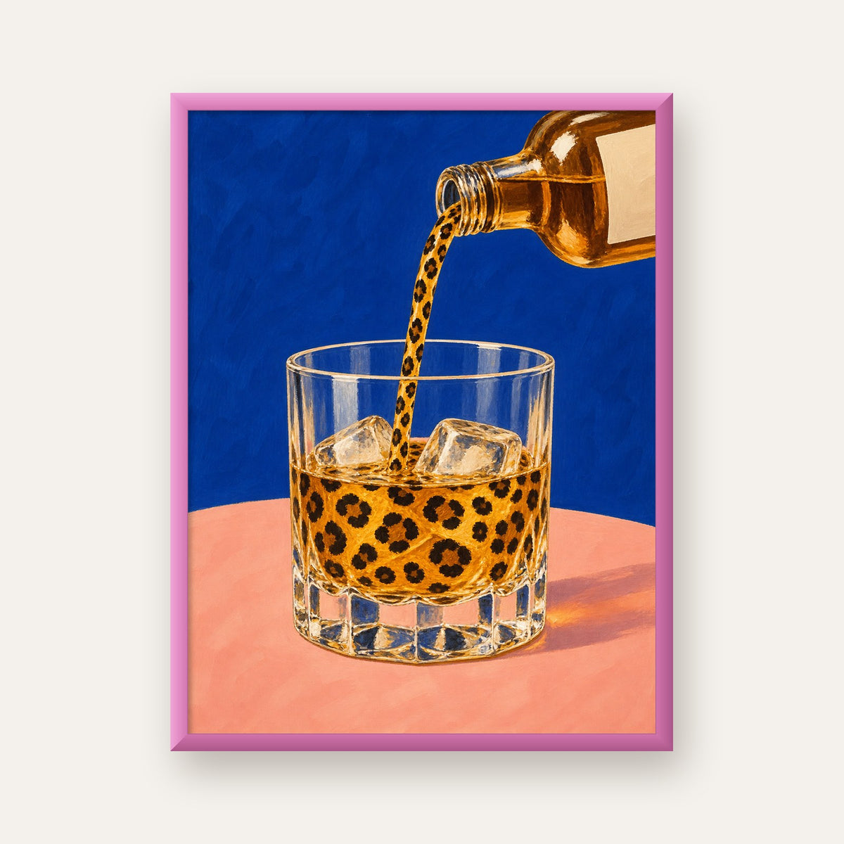 Leopar Desenli İçki Posteri – Modern Yağlı Boya Bar Sanatı — pembe çerçeveli