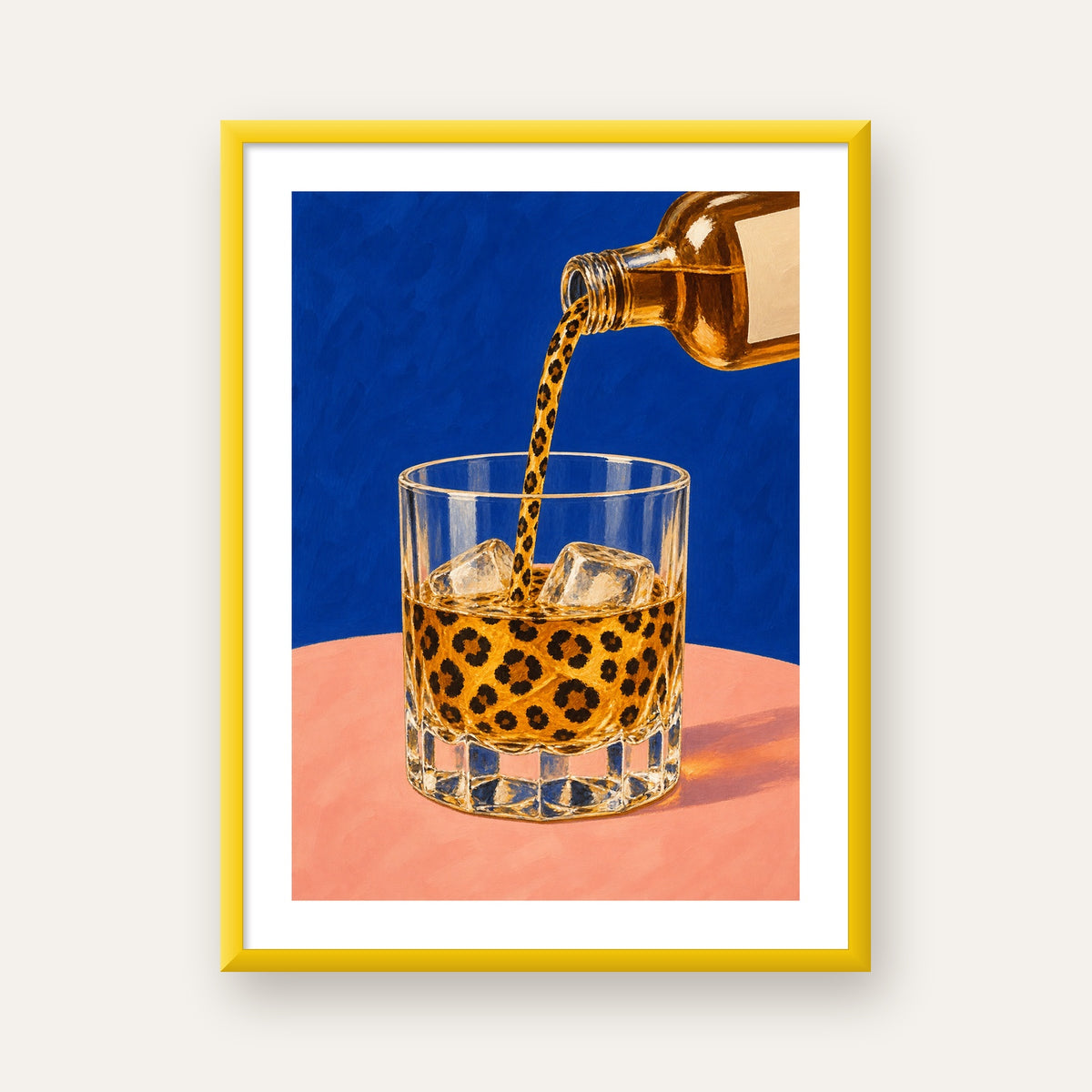 Leopar Desenli İçki Posteri – Modern Yağlı Boya Bar Sanatı — sarı çerçeveli paspartulu